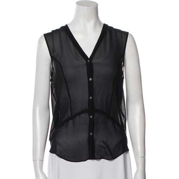 Helmut Lang Tops - Helmut Lang Silk Chiffon Black V-Neck Sleeveless Button Down Raw Trim Top Size S